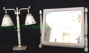 lot 598 image: 1950s tole painted metal double light desk lamp and painted stand alone antique dresser mirror with artichoke finials
