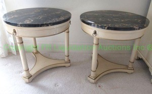 lot 633 image: Drexel Heritage style transitional provincial sideend tables with black marble tops (one has crack) and lion accents, pair, 24 x 24 each