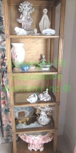 lot 636 image: Contents of Etagere shelf. Includes iconlay box, cherub  and putti figures, ceramics as shown. Etagere not included.