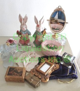 lot 639 image: Dcor including white milk glass, standing vanity mirror, Rabbit figures and more as shown