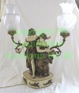 lot 641 image: Collection Francaise Auguste Moreau spelter figural double arm lamp with glass ruffled shades Made in France