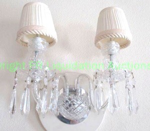 lot 649 image: Signed Waterford crystal COMERAUGH double arm sconce w shades, Marked. Set of 2 (Bid is times the quantity of 2)