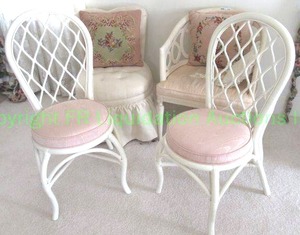 lot 643 image: Pair of vintage rattan and wicker garden chairs with upholstered seats, painted vintage wood club chair, upholstered slipper chair