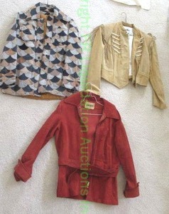 lot 648 image: Jacket trio including red leather Neiman Marcus, Pioneer wear Buckskin Size 12 (USA) and Japanese ginko leaf pattern as shown