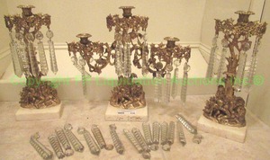 lot 536 image: Figural tree form brassbronze gilt and crystal prism centerpiece girandole candelabra garniture on marble bases, 16 tall each
