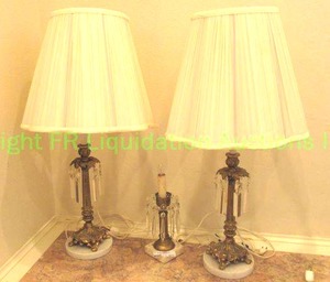 lot 577 image: Brass with marble base and crystal pendants end table lamps, 28 tall each plus