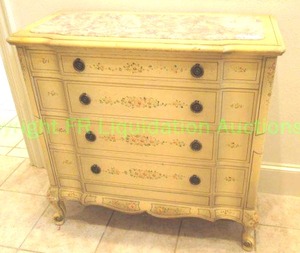 lot 581 image: Vintage French provincial dresser with rose marble inset top and hand painted detailing, pull handles, 33 x 15 x 32