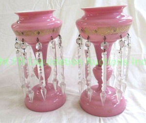 lot 579 image: American Victorian pink glass lusters (12.5 tall each), hand enameled flower and leaf decoration & gold overlay, with the original faceted clear glass prisms
