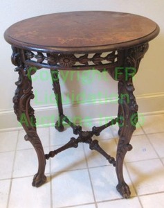 lot 585 image: Antique hand carved ornate claw foot accent table with satinwood inlaid veneer top, pierced gadroon w bell flowers and medallions, 30 x 25