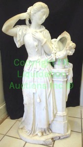 lot 591 image: Solid Italian Carrera marble finely carved Grecian statue of lady braiding hair looking into mirror on pedestal, 41 tall (very heavy)
