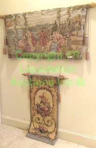 lot 582 image: European Belgian Pastoral Village and Medallion hanging tapestries whardware c1960s