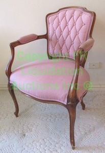 lot 696 image: Vintage fruit wood pink cotton upholstered and button tufted arm chair as shown
