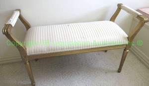 lot 700 image: Gold gilt and upholstered bench with flared arms and corded trim, 42.5 x 17.5 x 25.5