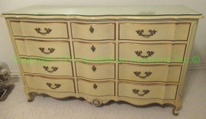 lot 708 image: French provincial dresser with fitted glass top, cabriole legs dovetailed drawers, 59 x 21.5 x 34