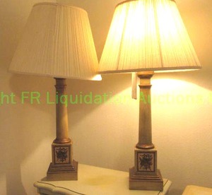 lot 709 image: Corinthian columnar table lamps decorated with torchlaurel leaves ribboning with pleated shades, Pair, 30 tall