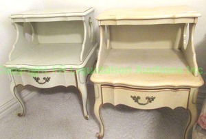 lot 710 image: French provincial end tables with side wings with cutouts, cabriole legs and single drawer, pair, 22 x 19 x 28