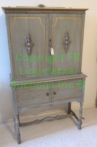 lot 720 image: Blue antique patinated finish storage wardrobe w 3 shelves, vintage hardware and serpentine stretcher bar, 36 x 16 x 65