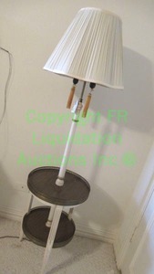 lot 724 image: Vintage lamp table with 2 shelves,brass gallery on both shelves, decorative pull cords. 62 tall