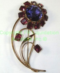 lot 546 image: Sterling Vermeil (Gold over Silver) Large Amethyst and Blue Sapphire faceted glass floral Brooch. 4.5L Marked Sterling Tested as glass