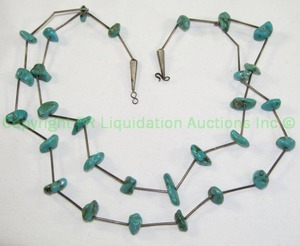 lot 547 image: Native American Liquid Silver (unmarked) and Turquoise Necklace. Has Native American Sun Hallmark. Shortest Strand 22L Longest 26L