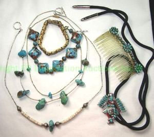 lot 553 image: Liquid Sterling Silver and Turquoise Necklaces (2) Plus hair comb, Turquoise glass bracelet, and Vanetta Fashion turquoise and pearl necklace. Also includes a Bolo tie (One tip needs reattached)