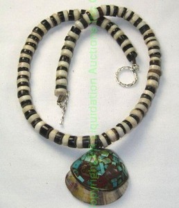 lot 554 image: Sterling Silver MOP and Black Onyx Necklace with Turquoise mosaic covered shell pendant. 16L Marked 925