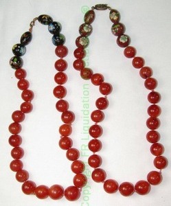 lot 560 image: Coin or Nickel Silver Carnelian and Cloisonn bead necklace. 18L Marked SILVER which is usually vintage Chinese export or BritishContinental and indicates Sterling