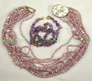 lot 604 image: Amethyst Chip Necklace 18L No markings Plus MOP multi strand necklace with heart form pendant 14L