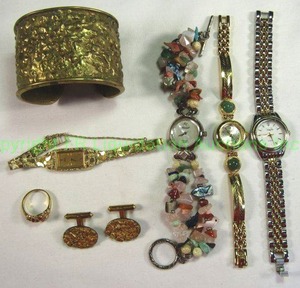 lot 610 image: Diamond Marker Womens Watches 3 ct. Includes Prestige By Waltham, Vanity Fair and Lucorral multi gemstone strand watch. Also includes a Gold Nugget Seiko watch, Ring (size 7) and cuff bracelet with gold Nugget motif. And gold nugget cufflinks