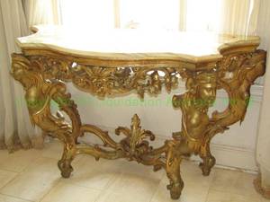 lot 154 image: French Louis XV style giltwood console table with neoclassical human forms and fitted marble top, 57 x 25 x 36.5