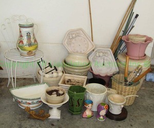 lot 174 image: Vintage Quimper French faience art pottery hanging wall lavabo (damage) plus assorted planters and gardening supplies