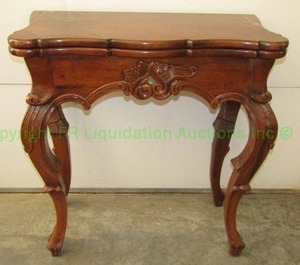 lot 184 image: Antique hand crafted folding game table with pivoting top and cabriole legs, 32 x 32 x 31