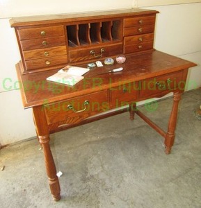 lot 185 image: Vintage rift cut oak secretary desk w storage back shelf, 40 x 24 x 41