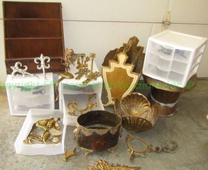 lot 194 image: Assorted brass and ormolu trim pieces, Florentine magazine rack, plus as shown