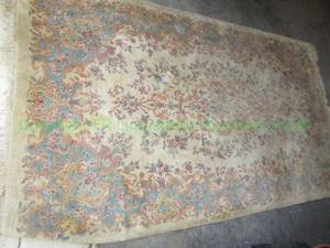 lot 203 image: Kerman Rug (vintage,made in Iran) plus sculptured wool assorted green hallway and area rugs. (Rugs need cleaned)
