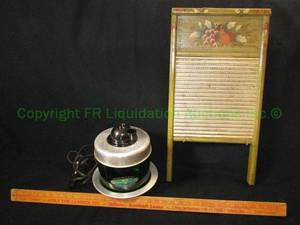 lot 172 image: Vintage Prak-T-kal model 650 green glass humidifier, washboard and other vintage items as shown