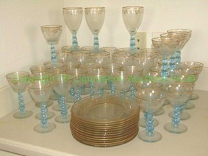 lot 235 image: Crystal Candlewick style aqua etched stem ware w gold trim and matching serving plates