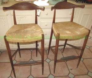lot 239 image: Vintage Danish modern rush seat bent back wood frame bar stools