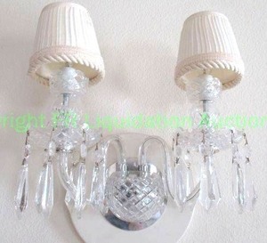 lot 650 image: Signed Waterford crystal COMERAUGH double arm sconce w shades, Marked. Set of 2 (Bid is times the quantity of 2)