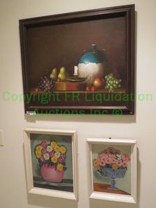 lot 656 image: Vintage still life oil on canvas framed art trio as shown, largest is 27.5 x 23.5