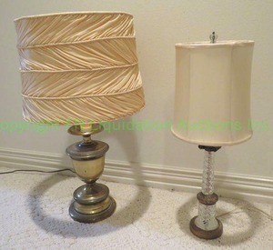 lot 657 image: Brass and crystal  glass lamps, one with ruched fabric shade.