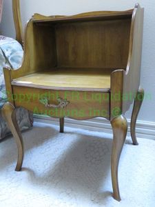 lot 688 image: Vintage fruit wood end table with single drawer and winged sides. Cabriole legs. Dove tailed drawer 19 x 19 x 28