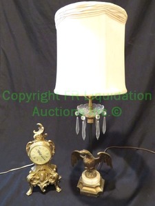 lot 689 image: Brass and marble figural eagle lamp with pinch pleated decorated shade (26.5 tall) and Renaissance electric clock as shown