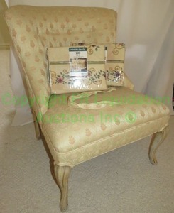 lot 690 image: Vintage French provincial silk damask upholstered chair with 2 JC Penny Home twin sheet sets (unopened)