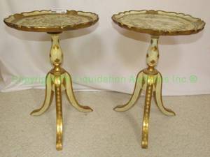 lot 692 image: Florentine Italian tri leg mid century tables with scalloped tray tops. 13.5 x 20 each