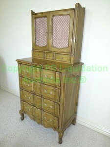 lot 693 image: Vintage armoire style secretary drop down desk with repurposed upper book case turned vanity mirrored station. 30 x 18 x 61