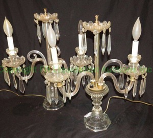 lot 694 image: Vintage Regency double arm crystal and brass candelabras w prism lusters. Some lusters marked Waterford. Matched pair, 20 tall