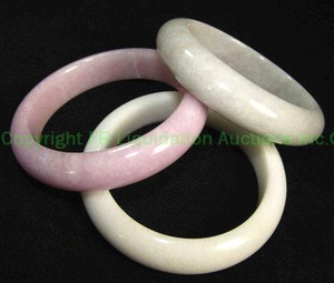lot 626 image: Set of 3 Thick Gemstone Bangle bracelets Probably all Jade in 3 colors Purple, White, Green Light green might be Jadeite