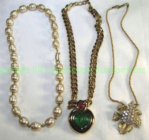 lot 666 image: Signed Grosse Necklace Marked Grosse Heart with Green and red glass 14 Plus Silver Tone signed Davinci Leaf Necklace 16 and 1993 Glass Pearl Strand 16