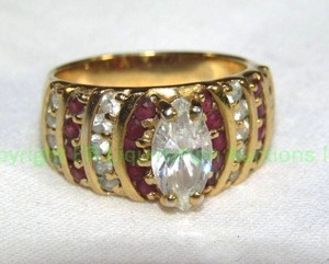 lot 677 image: Sterling Silver Vermeil (gold over sterling) Ring Sz 6.5 Ruby and White Topaz. Rubies tested